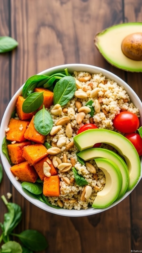 A healthy quinoa and sweet potato bowl with roasted sweet potatoes, quinoa, spinach, cherry tomatoes, and avocado on a rustic table.